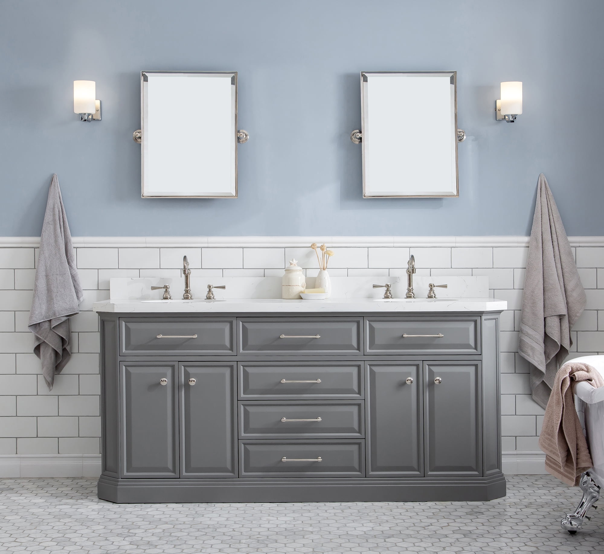 Water Creation Palace 72" Hardwood Double Bathroom Vanity in Gray & Nickel