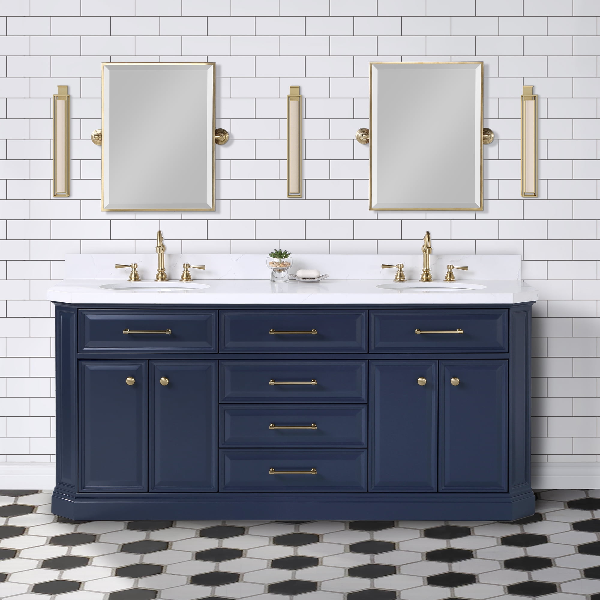 Water Creation Palace 72" Wood Double Bathroom Vanity in Blue/Satin Gold