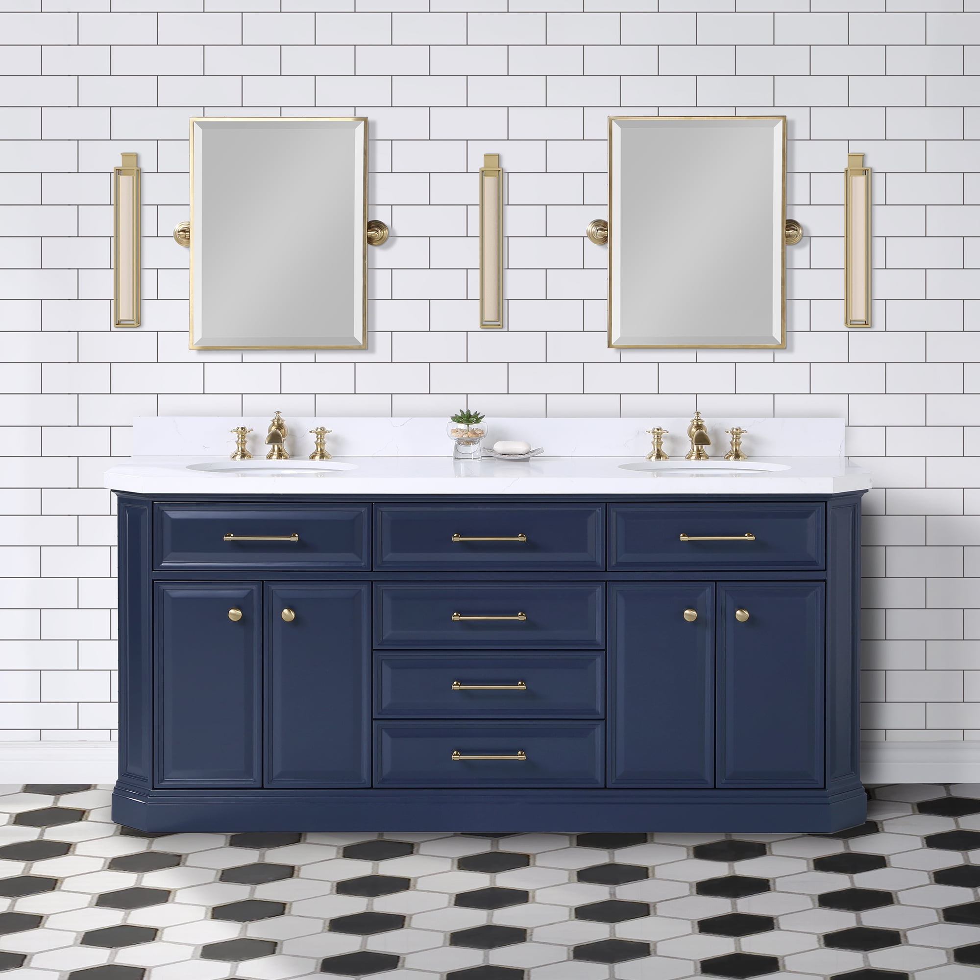 Water Creation Palace 72" Wood Double Bathroom Vanity in Monarch Blue/Gold