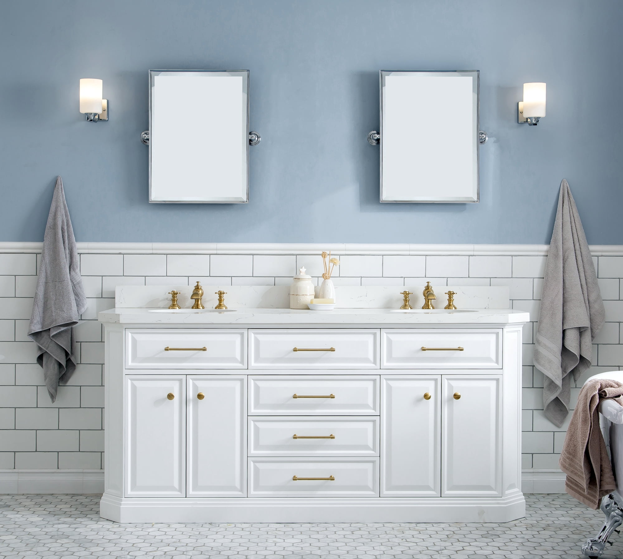 Water Creation Palace 72" Wood Double Bathroom Vanity in White/Gold