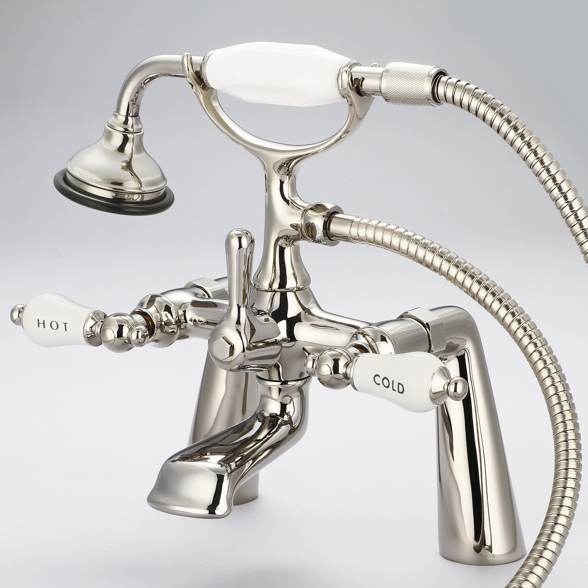 Elegant Polished Nickel Deck Mount Tub Faucet with Porcelain Lever Handles