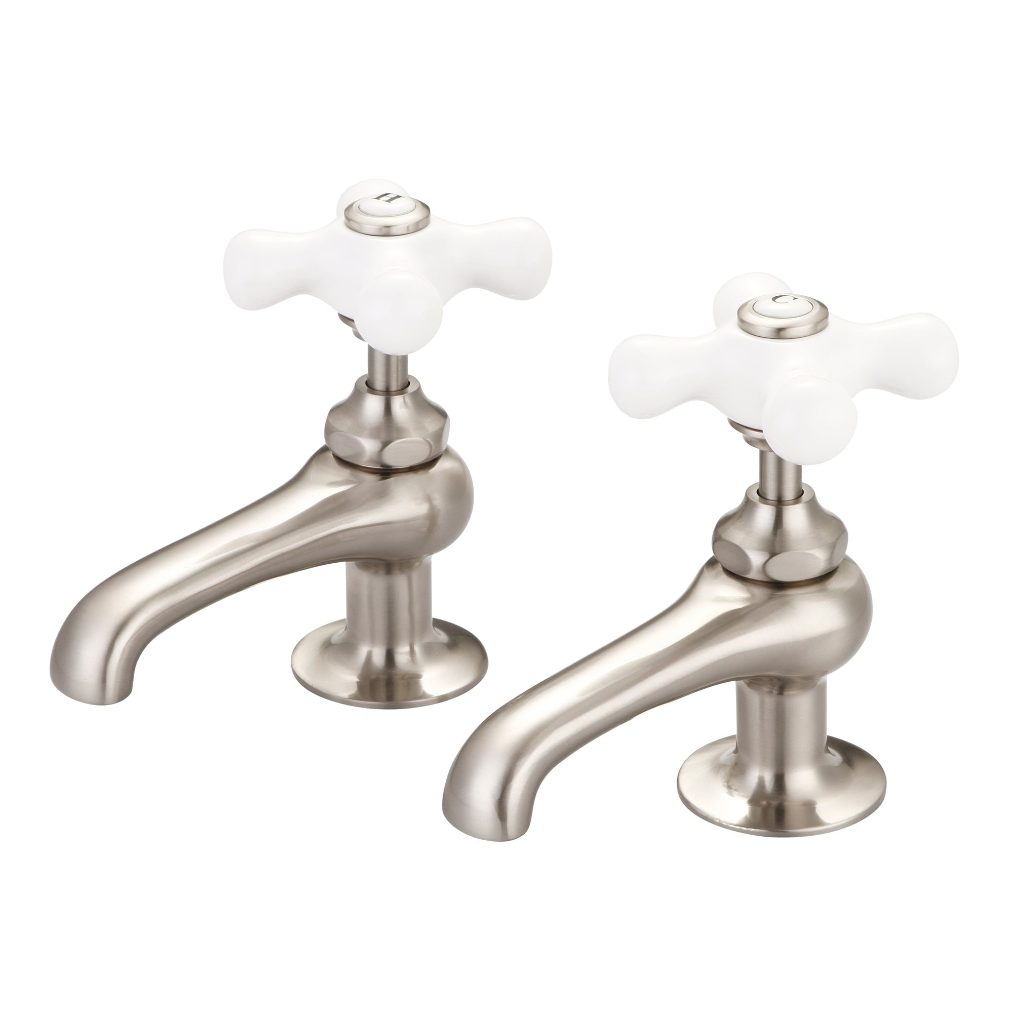Vintage Brushed Nickel Basin Faucet with Porcelain Handles