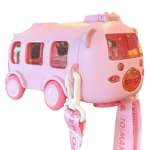 Water Cup in Bus Shape for Kids, Cute Bus Water Bottle with Straw, 17oz Leak-Proof Bottle with Shoulder Strap, Detachable Fun Toy Bus Water Bottle for Boys Girls Camping Trips