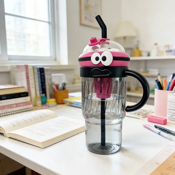 Water Cup with Straw and Handle – Large Capacity Leakproof Tumbler with Tea Infuser – Cute Big Eye Design for Office, Gym, Travel and Everyday Hydration