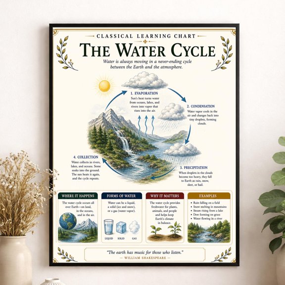 Water Cycle Chart Wall Art Print, Unframed Paper Poster 8x10in