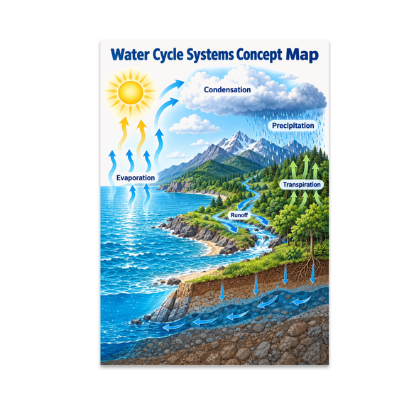 Water Cycle Systems Concept Map Guide - Homeschool Geography Learners - 13x19 Poster Print