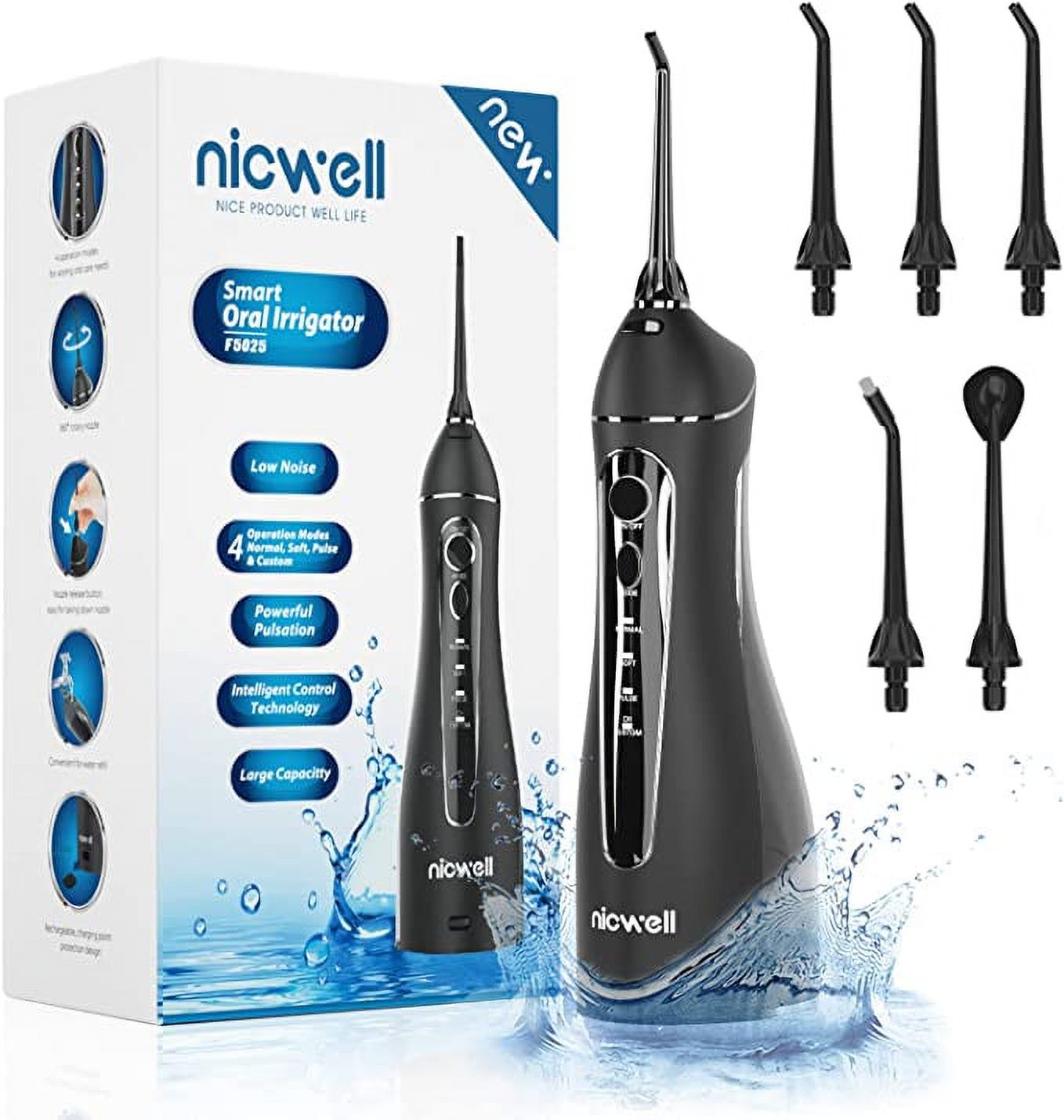 Water Dental Flosser Cordless for Teeth - Nicwell 4 Modes Dental Oral Irrigator, Portable and Rechargeable IPX7 Waterproof Powerful Battery Life Water Teeth Cleaner Picks for Home Travel Black - image 1 of 6