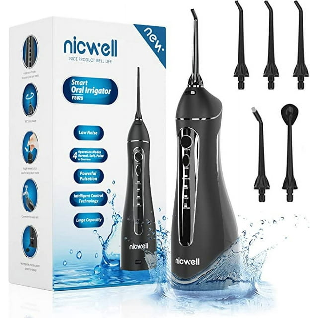 Water Dental Flosser Cordless for Teeth - Nicwell 4 Modes Dental Oral Irrigator, Portable and Rechargeable IPX7 Waterproof Powerful Battery Life Water Teeth Cleaner Picks for Home Travel Black