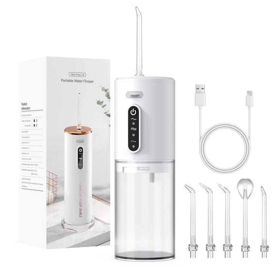 Water Dental Flosser with 5 Jet Tips, 280ml Water Tank, Portable Cordless Electric Water Flosser, 3 Modes Rechargeable Oral Irrigator, IPX7 Waterproof for Teeth Cleaning, White