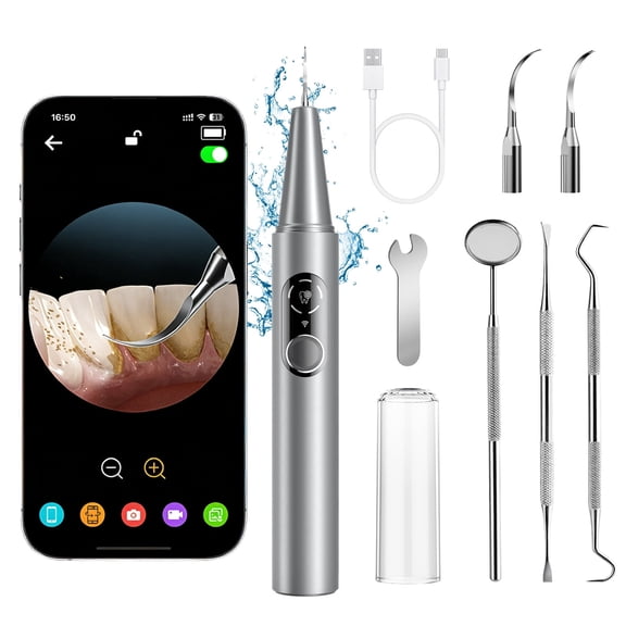2026 Upgraded Camera Plaque Remover for Teeth - Portable Dental with 5 Modes, 1080P Teeth Cleaning Tools with 6 LED Light, 5 Stainless Steel Heads, for iOS Android