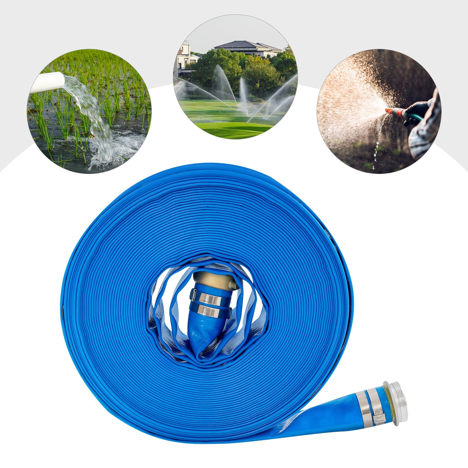 Blue Heavy Duty Water Discharge Hose, Polyester Fibre & PVC Material, 90PSI Working Pressure, 2 Inch Inner Diameter 100FT Flexible Irrigation Pipe