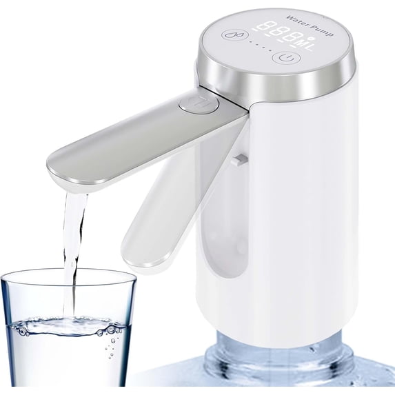 Water Dispenser for 5 Gallon Bottle - LED Display, Rechargeable Water Pump, Long-Lasting, Foldable Water Spout for 5 Gallon Bottle, Portable Water Dispenser for & Outdoor (White)
