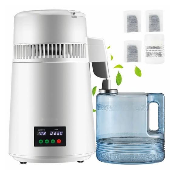 Water Distiller 1.1Gal, 0.3Gal/H Distilled Water Maker, 750W Stainless Steel Countertop Purifier with Temp/Time Setting, Plastic Carafe & Cleaning Kit, White
