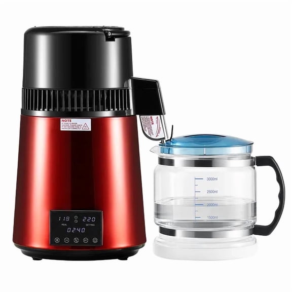 Water Distiller, 4L 1.1 Gallon Pure Water Purifier Filter For Home Table Countertop, 1750W Distilled Maker with Glass Pot, Stainless Steel Interior Drinking Machine to Make Clean Waters, Red