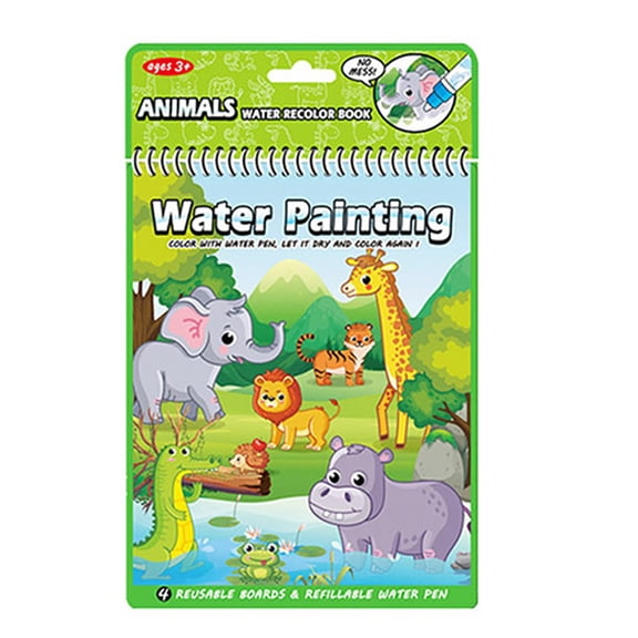 Water Doodle Book for Kids - Reusable Magic Water Drawing Book with Pen, Mess-Free Learning Toy, Zoo Animals Theme