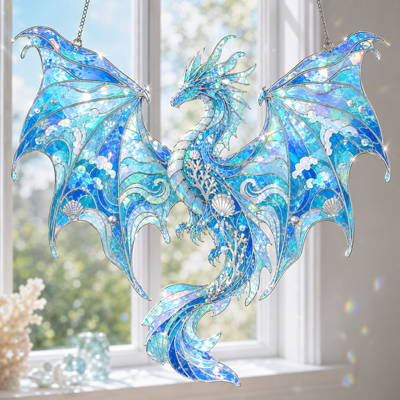 Water Dragon Acrylic Suncatcher Holographic Blue Window Hanging Gift