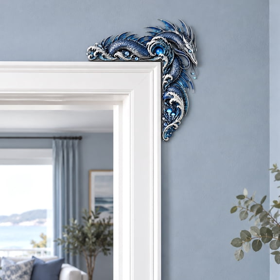 Water Dragon Door Corner Topper, Wooden Fantasy Animal Door Frame Decor for Entryway Porch and Indoor Display