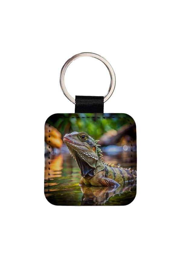Water Dragon Lizard Reptile Faux Leather Square Keychain
