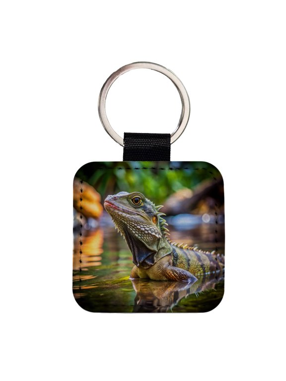 Water Dragon Lizard Reptile Faux Leather Square Keychain