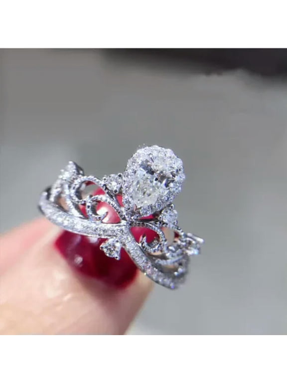 Water Drop AAA Cz Band 925 Silver Women's Engagement Party Crown Ring Size 4-9