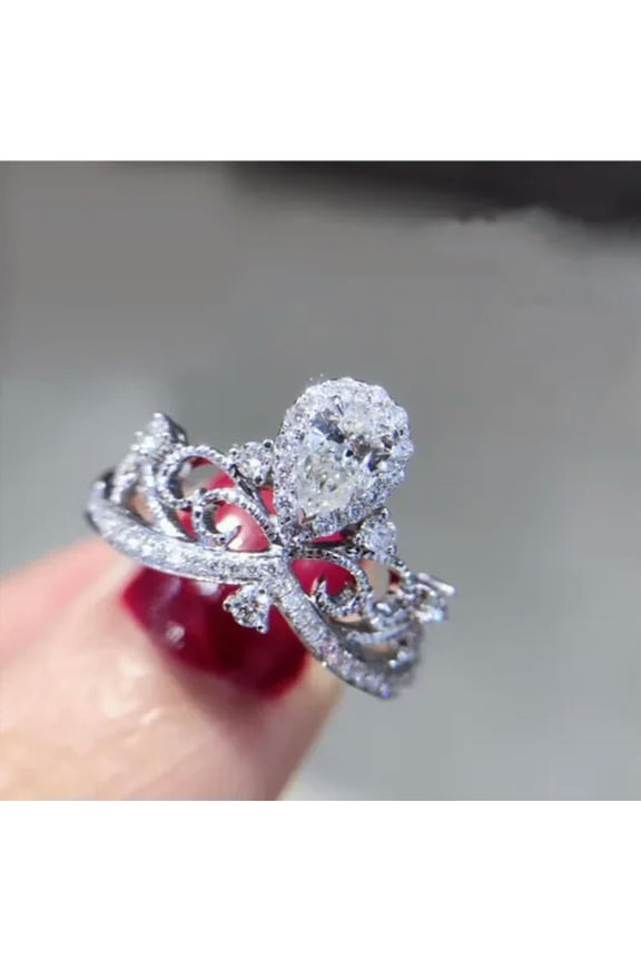 Water Drop AAA Cz Band 925 Silver Women's Engagement Party Crown Ring Size 4-9