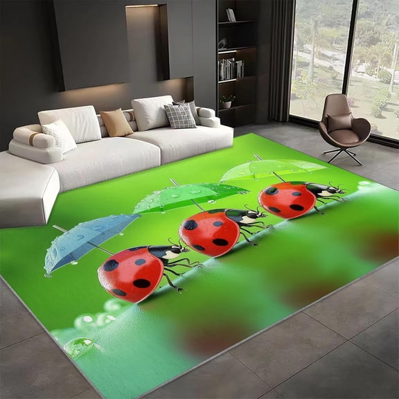 Water Drop Beetle Area Rugs, Green Insect Carpet, Washable Non Slip Low Pile Soft Rug for Living Room Kitchen Bedroom Dining Room Home Decor Mat 5x8ft