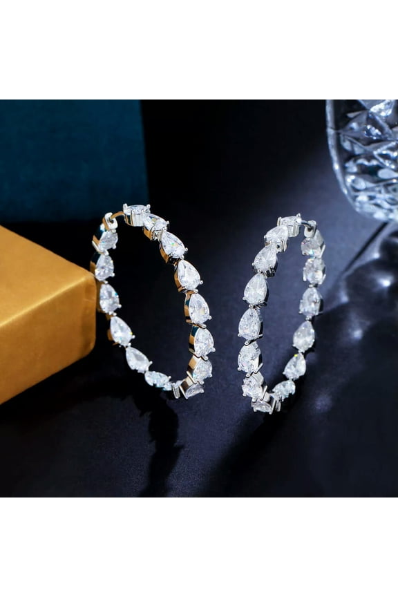 Water Drop CZ Cubic Zircon Big Loop Circle Hoop Earring Silver Plated White Gift