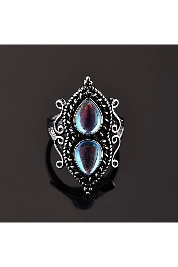 Water Drop Moonstone Ring S925 Silver Vintage Thai Silver Ring Diamond Ring for Women