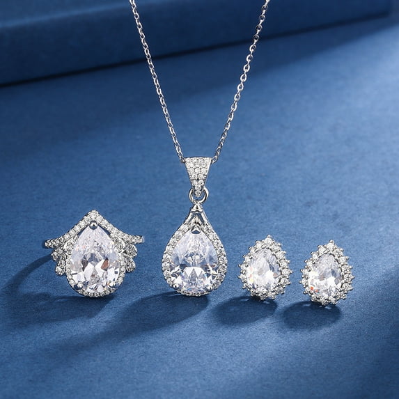 Water Drop Pendant Necklace Ring Stud Earrings Three-piece Set