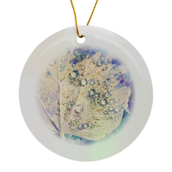3drose, Water Droplets on a Leaf, Circle Porcelain Ornament