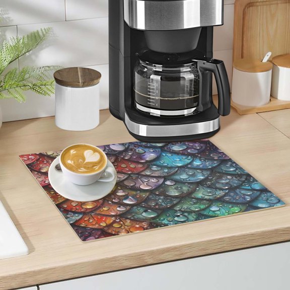 Water Droplets on Dragon Scales Dish Drying Mat 12"x18" Kitchen Counter Dish Pad Microfiber Absorbent Drainer Rack for Coffee Bar