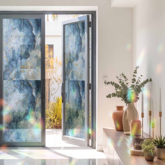 Water Duck Green Abstract Marble Window Privacy Film, Rainbow Film Decorative Window Sticker 23.6x78.7in, Gradient Texture Sun Blocking Static Stained Glass Cling Tint Non-Adhesive