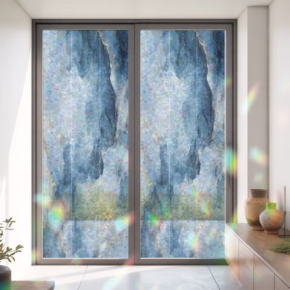 Water Duck Green Abstract Marble Window Privacy Film, Rainbow Film Decorative Window Sticker 35.4x78.7in, Gradient Texture Sun Blocking Static Stained Glass Cling Tint Non-Adhesive