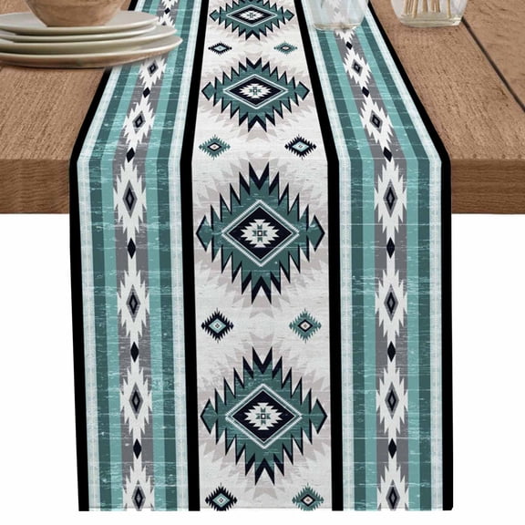 Water Duck Green Aztec Geometric Table Runner-36 Inch Long Bohemian Ethnic Wind Table Runners Linen Burlap Tablerunner for Kitchen Dining Room Holiday Party