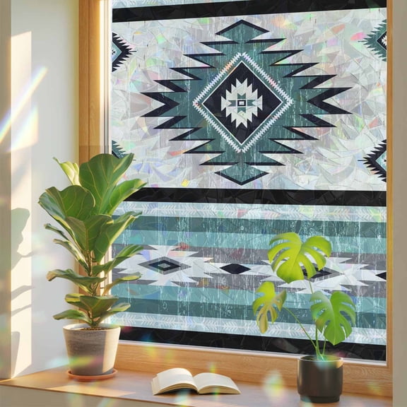 Water Duck Green Aztec Geometric Window Privacy Film, Rainbow Film Decorative Window Sticker 17.7x39.3in, Bohemian Ethnic Wind Sun Blocking Static Stained Glass Cling Tint Non-Adhesive
