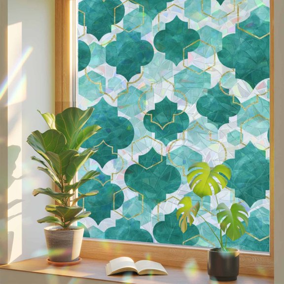 Water Duck Green Gradual Morocco Window Privacy Film, Rainbow Film Decorative Window Sticker 17.7x39.3in, Abstract Geometric Sun Blocking Static Stained Glass Cling Tint Non-Adhesive