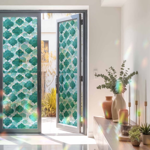 Water Duck Green Gradual Morocco Window Privacy Film, Rainbow Film Decorative Window Sticker 23.6x78.7in, Abstract Geometric Sun Blocking Static Stained Glass Cling Tint Non-Adhesive