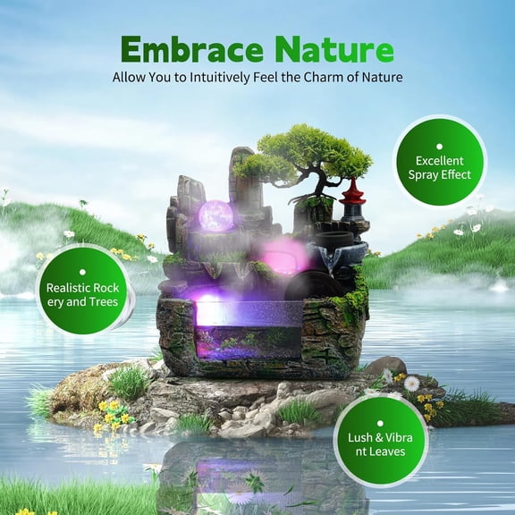 Water Fall Fountains Indoor, Rockery Stream Tabletop Fountain Decoration Tabletop Led Waterfall Fountain with Atomizer Quiet Resin Rockery Mist Humidifier for Home Bedroom Office