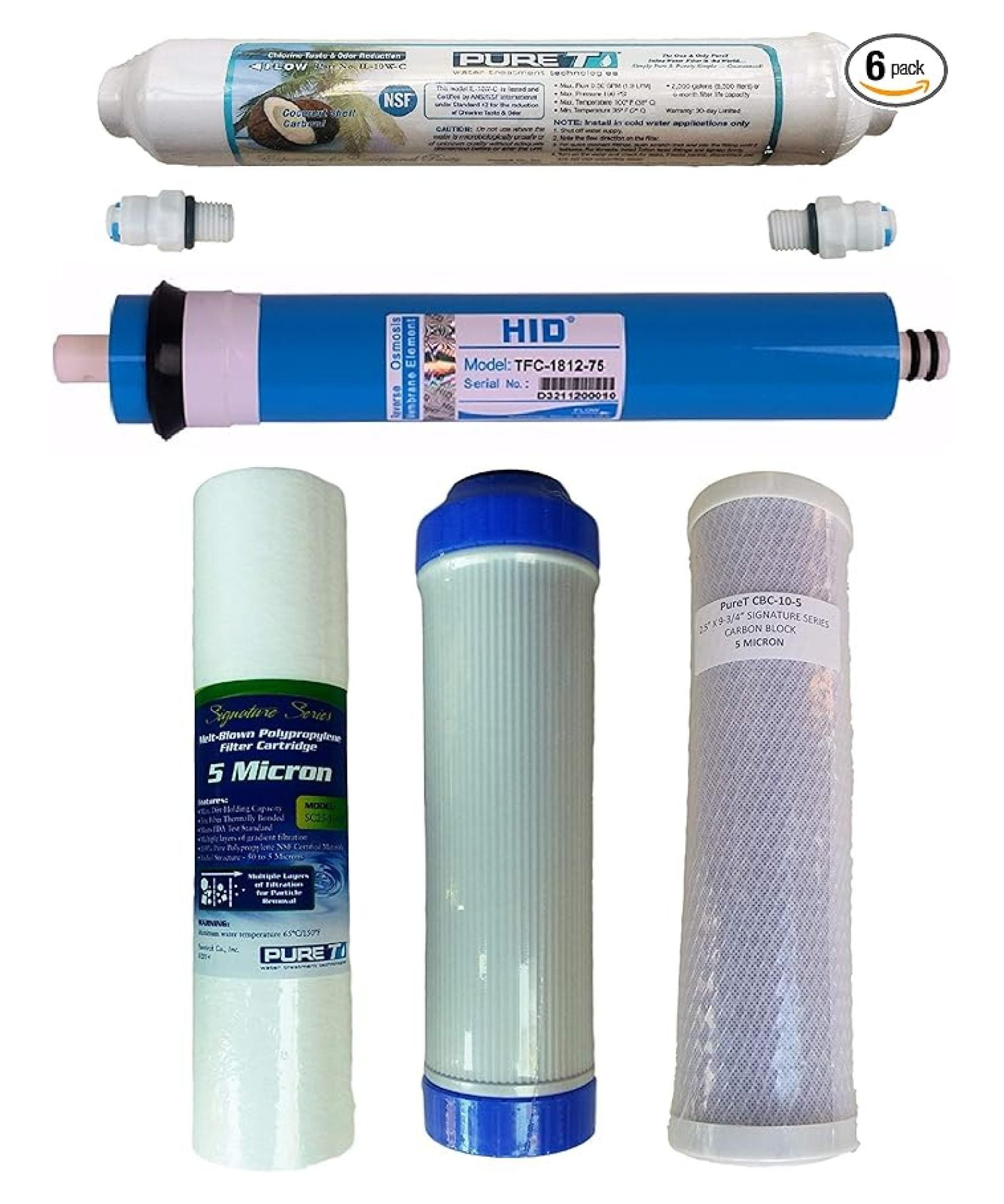 Water Filter Set with 75 GPD RO Membrane, Fits Most Common Undersink RO Units, 6-Piece Set