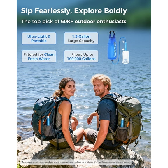 Water Filter Straw, Camping Water Filtration System, Water Purifier Survival for Travel, Backpacking and Emergency Preparedness, 1.5 gal Bag, 5 Stage Filtration, Pack of 2