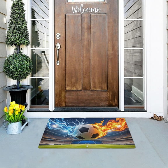 Water Flame Football on Stadium Doormats Welcome Mats Gate Pads Entryway Outdoor 32" x 20"