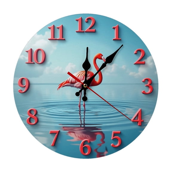 Water Flamingo Wall Clock 10 Inch Silent Non Ticking Round Wooden Clock Decoration for Living Room Kitchen Bedroom Bathroom Office Classroom