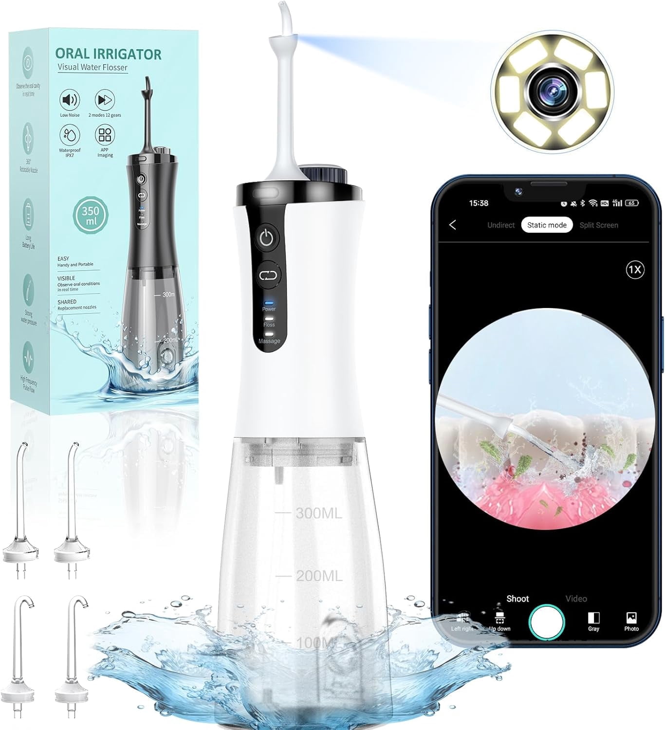 Water Flosser with Camera for Teeth, Visual Water Dental Flosser with 12-Gear, Rechargeable Water Flosser with 3-Nozzle and IPX7 Waterproof for Android and iOS(Black)