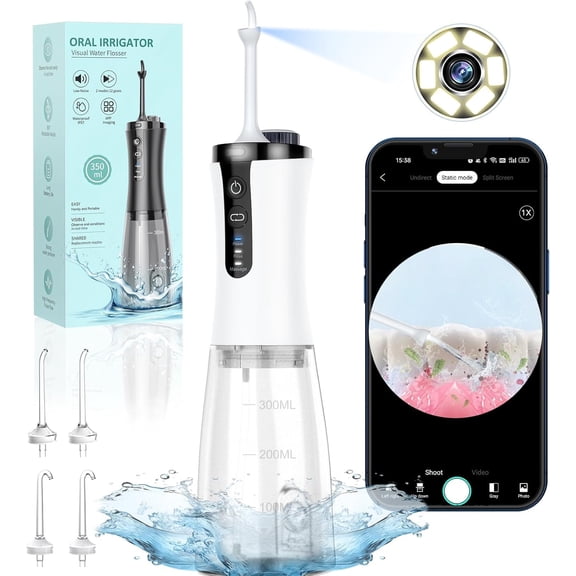 Water Flosser with Camera for Teeth, Visual Water Dental Flosser with 12-Gear, Rechargeable Water Flosser with 3-Nozzle and IPX7 Waterproof for Android and iOS(Black)