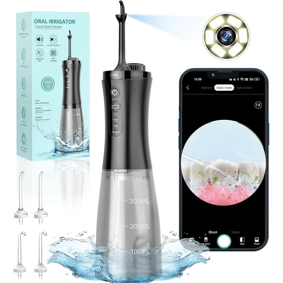 Water Flosser with Camera for Teeth, Visual Water Dental Flosser with 12-Gear, Rechargeable Water Flosser with 3-Nozzle and IPX7 Waterproof for Android and iOS(White)