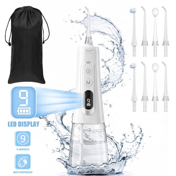 Cshidworld Water Flosser Cordless, OLED Display 300ML Large Tank Water Dental Flosser for Teeth Cleaning and Flossing Oral Irrigator/ 9 Modes with 8 Jet Tips, IPX7 Waterproof & Rechargeable