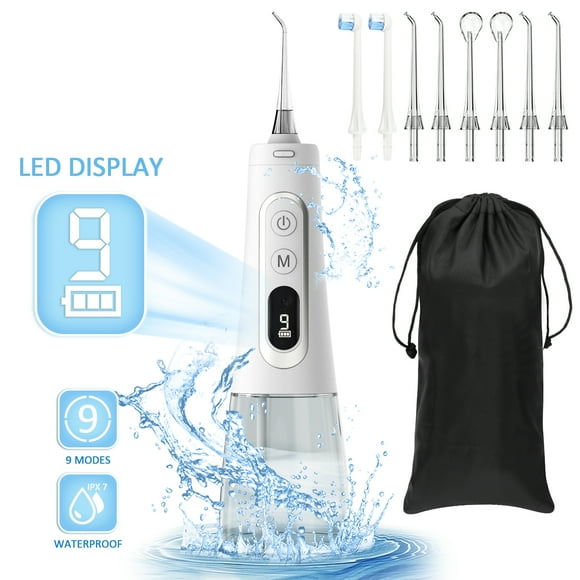 Cshidworld Water Flosser Cordless, OLED Display 300ML Large Tank Water Dental Flosser for Teeth Cleaning and Flossing Oral Irrigator/ 9 Modes with 8 Jet Tips, IPX7 Waterproof & Rechargeable
