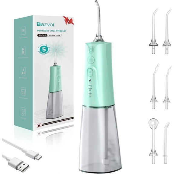 Water Flosser Dental Cleaner: 5 modes cordless water flosser 300 portable rechargeable 7 waterproof electric water flosser cleaning stick, equipped with 6 nozzle tips oral irrigator, mint green