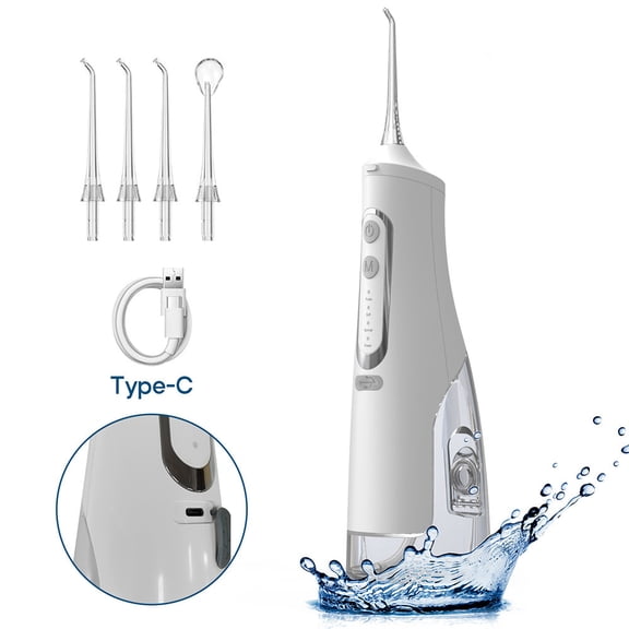 Water Flosser, Dental Oral Irrigator, 4 Modes 4 Jet Tips, Saoqi 310ml Portable Rechargeable IPX7 Waterproof Teeth Cleaner for Home Travel White