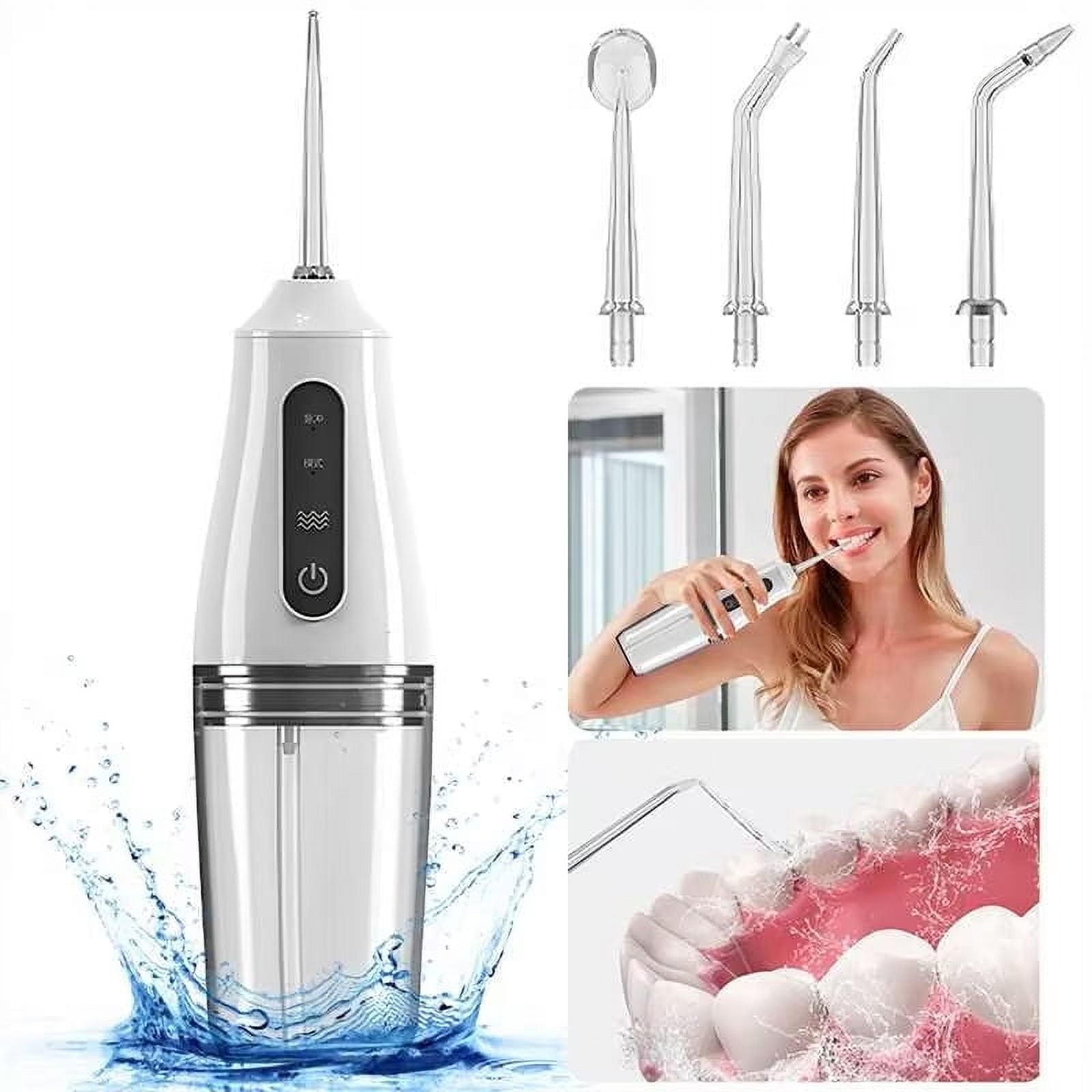 Water Flosser Dental Teeth Cleaner, Professional 280ML Tank USB Rechargeable Dental Oral Irrigator for Home and Travel, 3 Modes 4 Jet Tips, IPX7 Waterproof, Easy-to-Clean, White